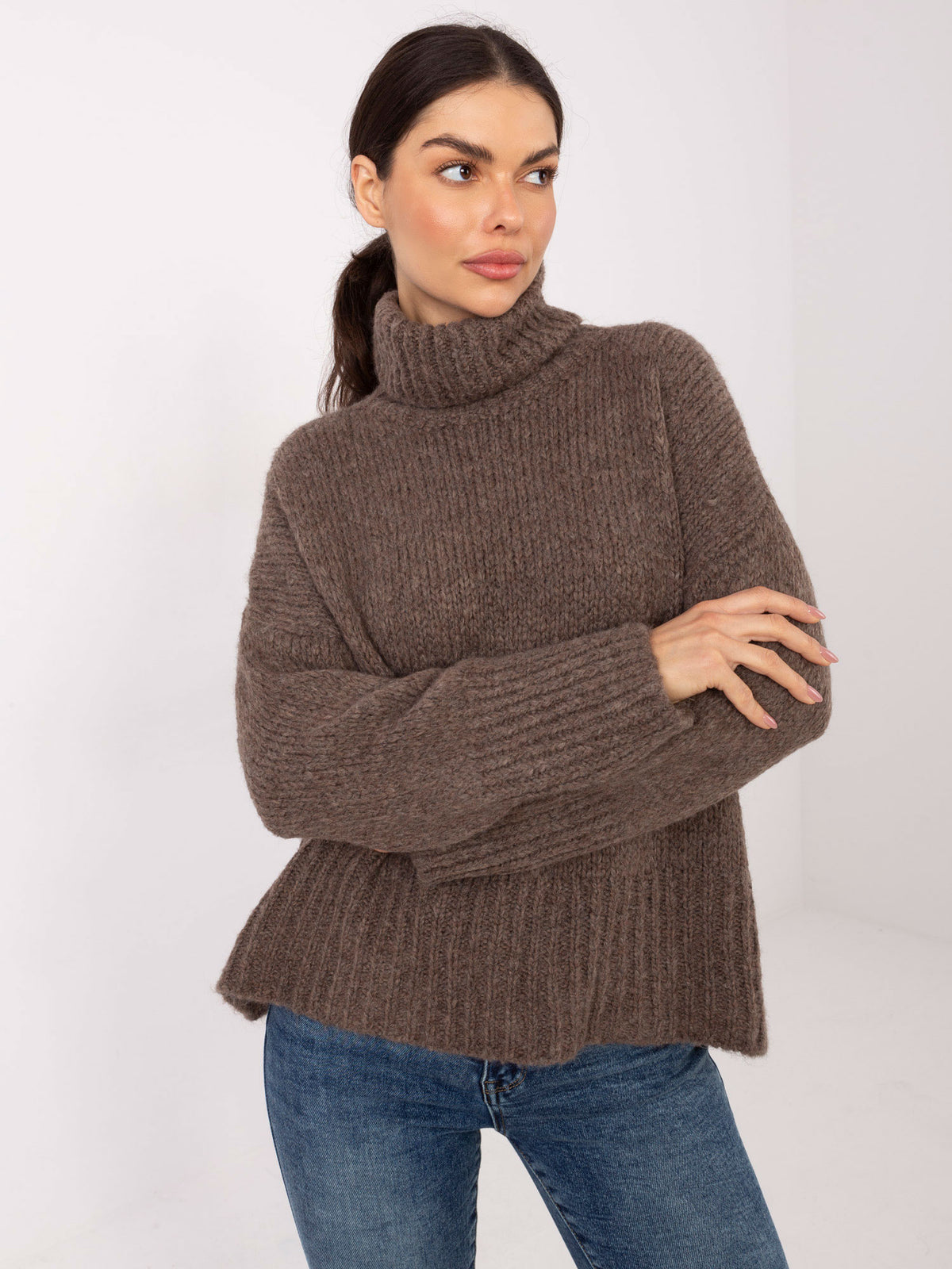Jersey cuello chimenea fango de punto grueso