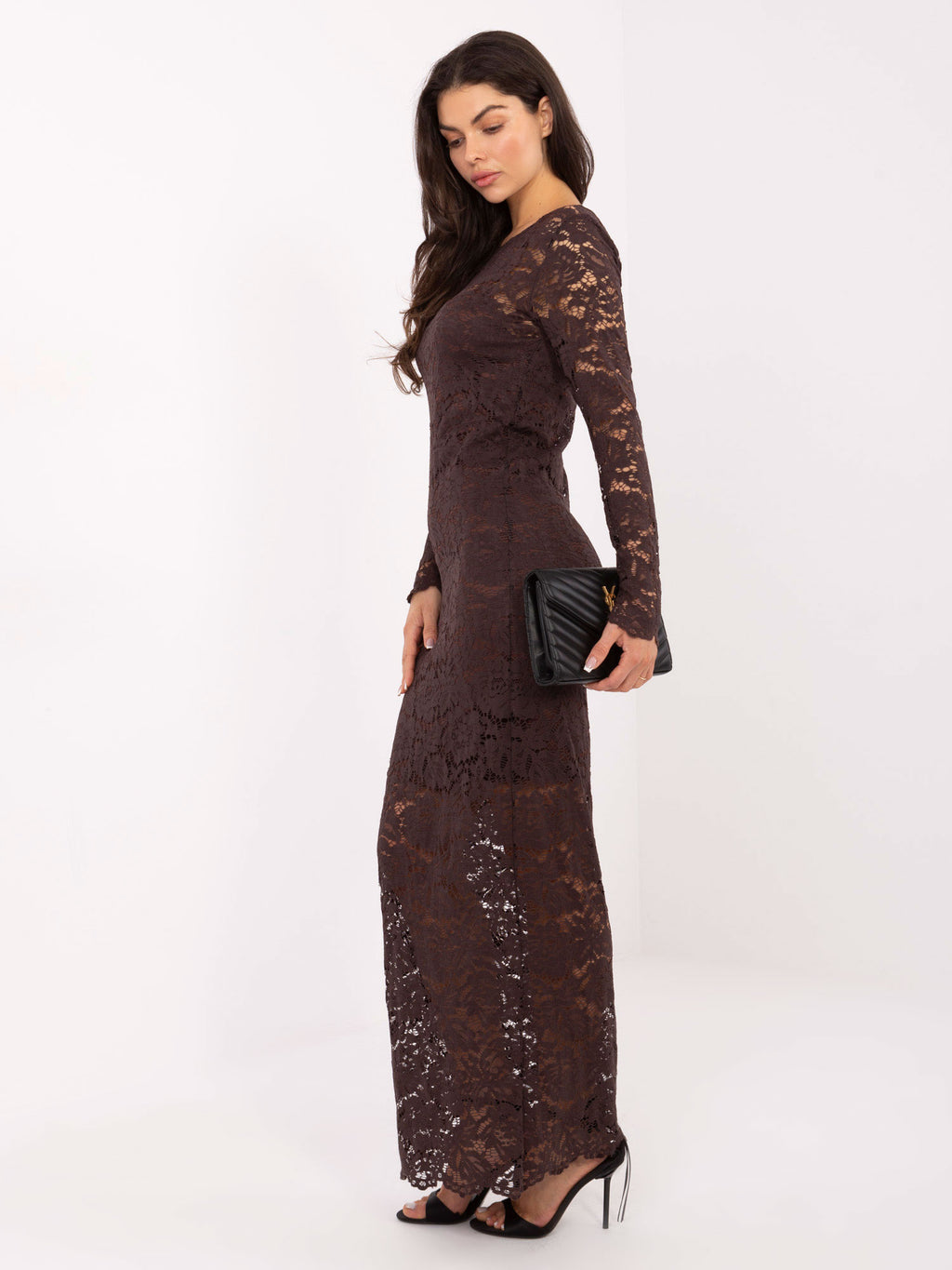 Vestido chocolate de encaje manga larga RUE PARIS